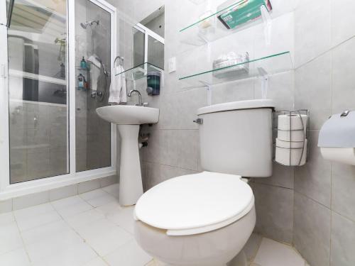 a bathroom with a toilet and a sink and a shower at Casa Itzae B&B Polanquito Dog Friendly in Mexico City
