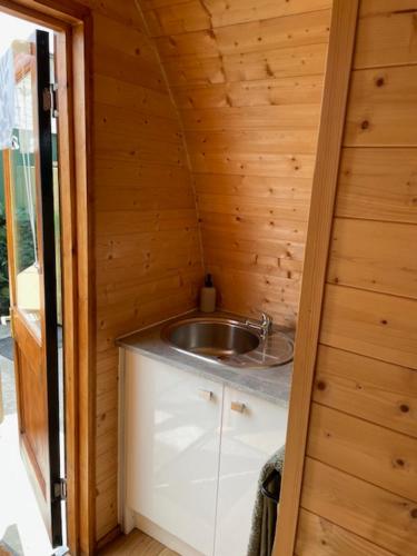 a bathroom with a sink in a wooden cabin at Arch Pod & Hot Tub in Carndonagh