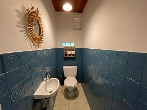 a bathroom with a toilet and a sink and a mirror at Terrasse Panoramique, Calme et Spacieux, Vue sur Mer in Le Lamentin