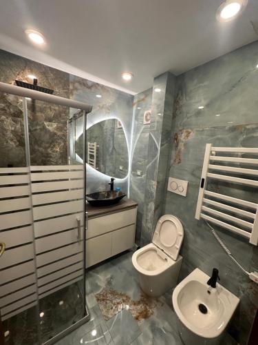 a bathroom with a toilet and a shower and a sink at Venice Rainbow Apartments BIENNALE in Venice