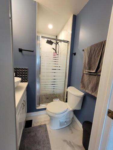 a bathroom with a white toilet and a shower at Heart to Downtown - Bright and Sunny Ultra Premium Queen bedroom in Calgary
