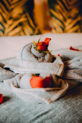a red flower on top of some towels at The Cottage Angochagua in Ibarra