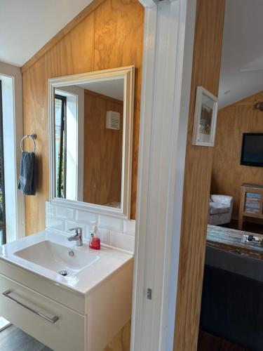 a bathroom with a sink and a mirror at Historic Barn Loft - Private & Spacious in Tauranga