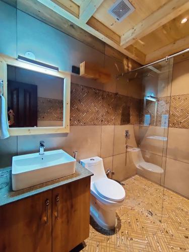 a bathroom with a toilet and a sink at Regenta Resort MARS Valley View Shoghi in Shimla