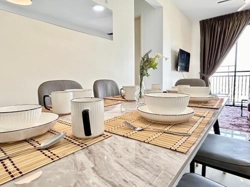 a conference room with a long table with chairs at Next to BRT station near Sun-Med Sun-Uni & Lagoon in Subang Jaya