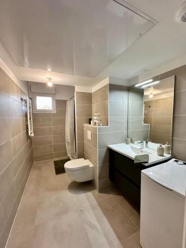 une salle de bain avec toilettes et lavabo dans l'établissement Appartement Pablo Mougins, à Les Baraques