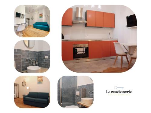 a collage of photos of a kitchen and a living room at "Le Massena" Plein Centre, Neuf, Proche gare in Menton