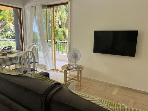 un salon avec un canapé et une télévision à écran plat dans l'établissement « Hawai » Proche Mer, Calme, Piscine, à Menton