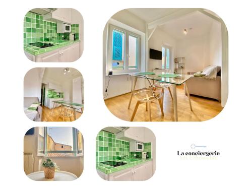 un collage de quatre photos d'une pièce dans l'établissement Le Brea cosy studio dans la vieille ville, à Menton