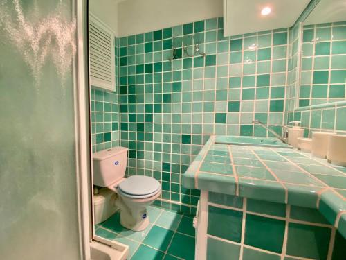 La salle de bains est pourvue de carrelage vert, de toilettes et d'un lavabo. dans l'établissement Le Brea cosy studio dans la vieille ville, à Menton