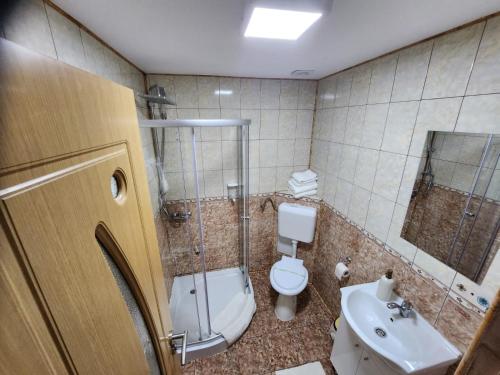 a bathroom with a toilet and a sink at Vila Monica in Buşteni