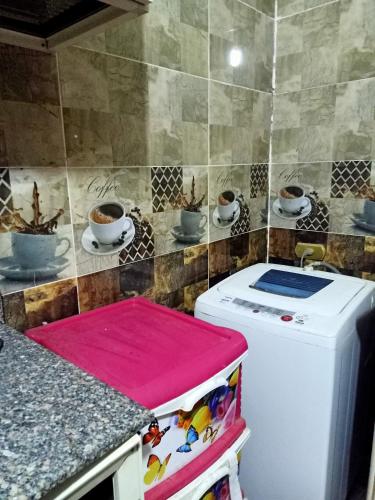 a washing machine in a kitchen with cups of coffee at Big pyramid view house in Cairo