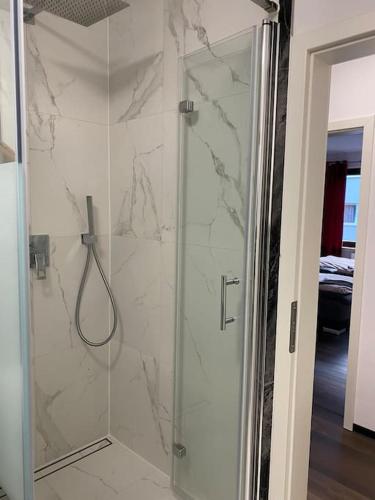 a bathroom with a shower with a glass at 1 Zimmer Ferienwohnung in Essen in Essen