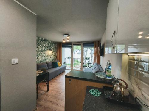 a kitchen and a living room with a couch at Apart & Plus in Okuninka