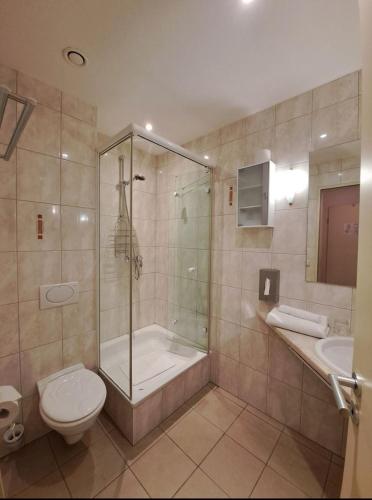 a bathroom with a shower and a toilet and a sink at Mediterran Hotel Juwel in Karlstein am Main