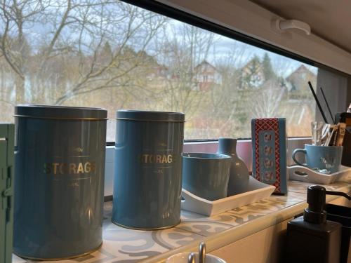 three trash cans sitting on a counter in front of a window at Zebikuckó vendégház in Zebegény