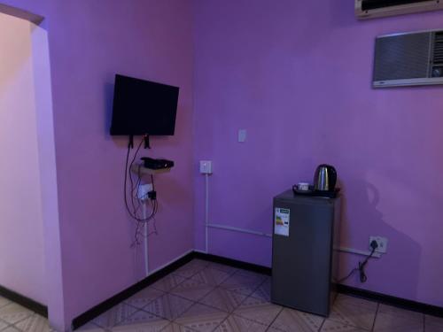 a purple room with a television and a refrigerator at Flamingo B&B in Richards Bay