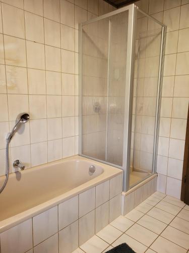 a bathroom with a tub and a shower at Ferienwohnung Berg-Anni in Rüssenbach