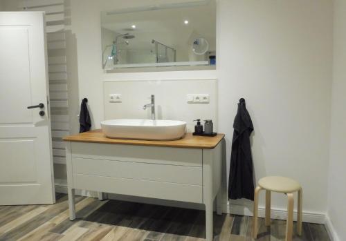 a bathroom with a sink and a mirror at Dat rode Huus in Oesterwurth