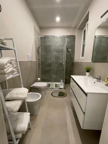 a bathroom with a shower and a toilet and a sink at Luma Holiday Homes in Mondragone