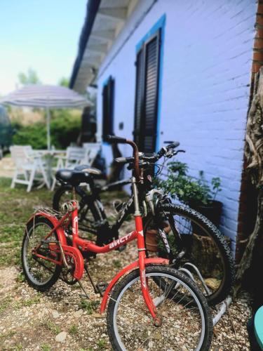 two bikes are parked outside of a house at Loft immerso nel bosco in Rivola