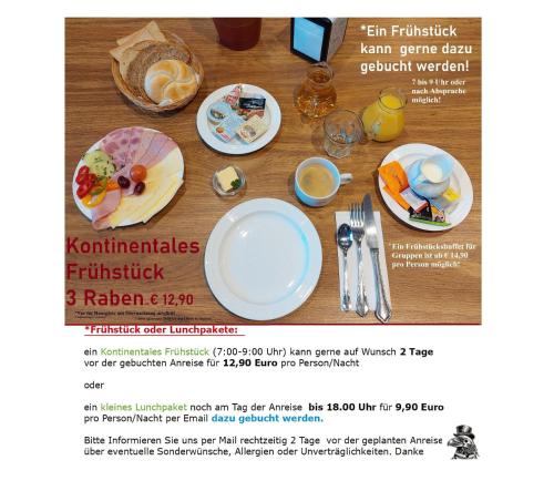 a flyer for a restaurant with plates of food at 3 Raben - Leoben - Zimmer für Geschäftsreisende, Urlauber, Monteure und Handwerker, Polski Pensjonat Austria in Leoben