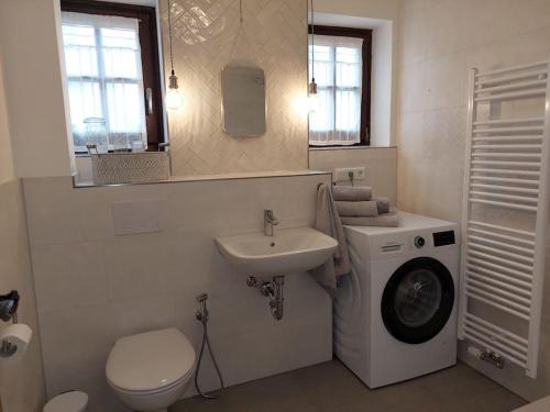 a bathroom with a sink and a washing machine at Familienfreundliche Fewo mit Garten in Cadolzburg
