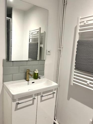 une salle de bain blanche avec un lavabo et un miroir dans l'établissement 736 Agréable studio mezzanine proche de Paris 20, à Bagnolet