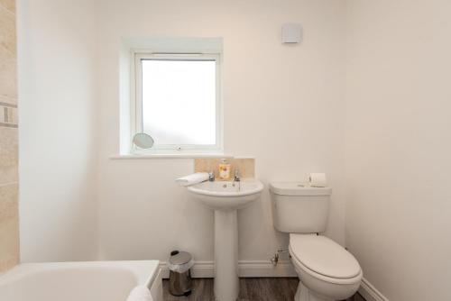 a white bathroom with a toilet and a sink at Brancepeth Place in Shildon