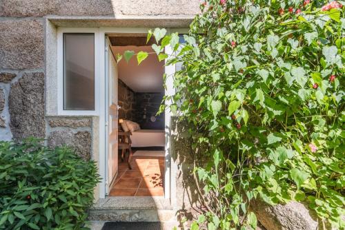 a doorway to a house with a plant at Stone House in the Peneda-Gerês National Park in Montalegre