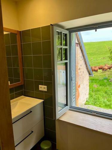 La salle de bains est pourvue d'une fenêtre donnant sur un champ. dans l'établissement Maison 50 Belvédère du Cézallier, à Marcenat
