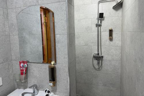 a bathroom with a shower with a sink and a mirror at Guest House Shakuri in Samarkand