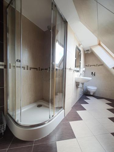 a bathroom with a shower and a sink at Willa Tatrzański Zomecek in Kościelisko
