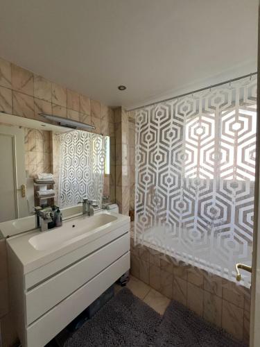 une salle de bain avec un lavabo et un rideau de douche dans l'établissement Free parking, private bedroom and bathroom with seaview, à Nice
