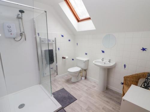 a bathroom with a shower and a toilet and a sink at 2 Cheriton Cottages in Pembroke