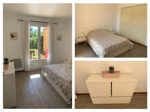 - deux photos d'une chambre avec un lit et une fenêtre dans l'établissement Appart T2 -4 pers- rez-de-jardin proche plage -3 étoiles-, au Pradet