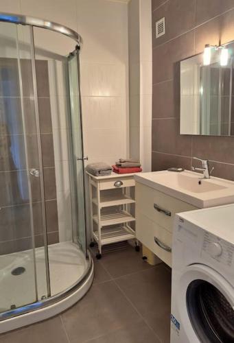une salle de bain avec douche et machine à laver dans l'établissement Appart T2 -4 pers- rez-de-jardin proche plage -3 étoiles-, au Pradet