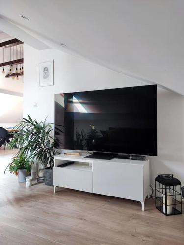 a white living room with a large screen tv at Stylowy Apartament z ogrodem in Gorenice