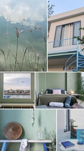a collage of different pictures of a room at Here Library - A wooden home by the river with a library in Thốt Nốt