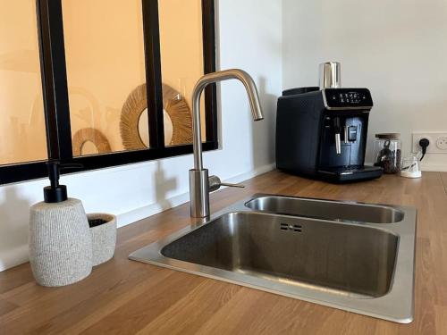 - un comptoir de cuisine avec évier et cafetière dans l'établissement Domaine des Lions - Logement chaleureux climatisé à Sérignan, à Sérignan