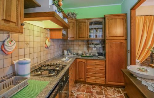 a kitchen with wooden cabinets and a stove at Pet Friendly Home In Sommocolonia in Sommocolonia
