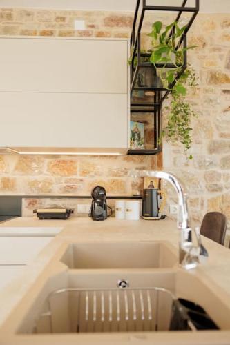 a kitchen sink with a faucet and a plant at Elaída- Πολυτελής Βίλα-Θέα θάλασσα, Μάνη in Skoutari