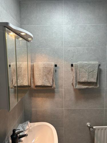 ein Badezimmer mit Waschbecken, Spiegel und Handtüchern in der Unterkunft Ferienwohnung Juli in Medebach