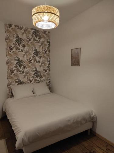 Ce lit se trouve dans un dortoir doté d'un lustre. dans l'établissement Maison cosy avec extérieur proximité Rouen Centre, à Le Petit-Quevilly