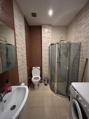 a bathroom with a shower and a toilet and a sink at Decom Riviera in Shekvetili