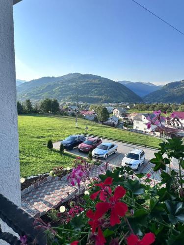 a view of cars parked in a parking lot at Pensiunea Simona in Rodna