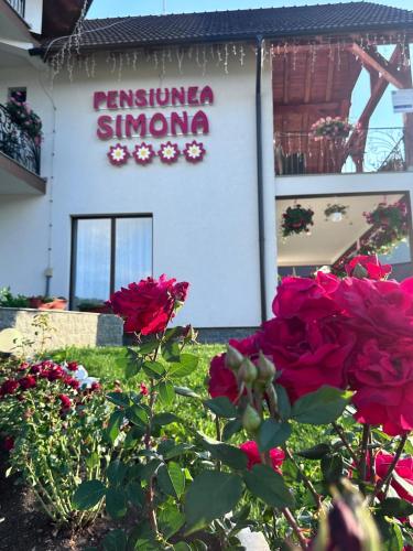 a sign for a flower shop with red roses at Pensiunea Simona in Rodna