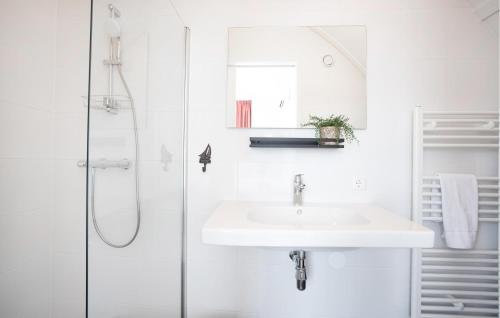 a white bathroom with a sink and a shower at Saskerlei in Uitgeest