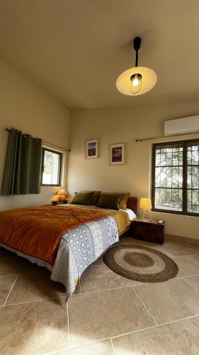 une chambre avec un grand lit dans une pièce dans l'établissement Un Cottage au pied du Ventoux, à Bédoin