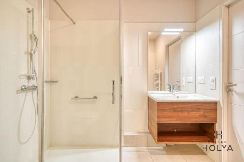 une salle de bain avec une douche, un lavabo et un miroir dans l'établissement Le Spacieux - En bordure de Paris - 366B, à Issy-les-Moulineaux